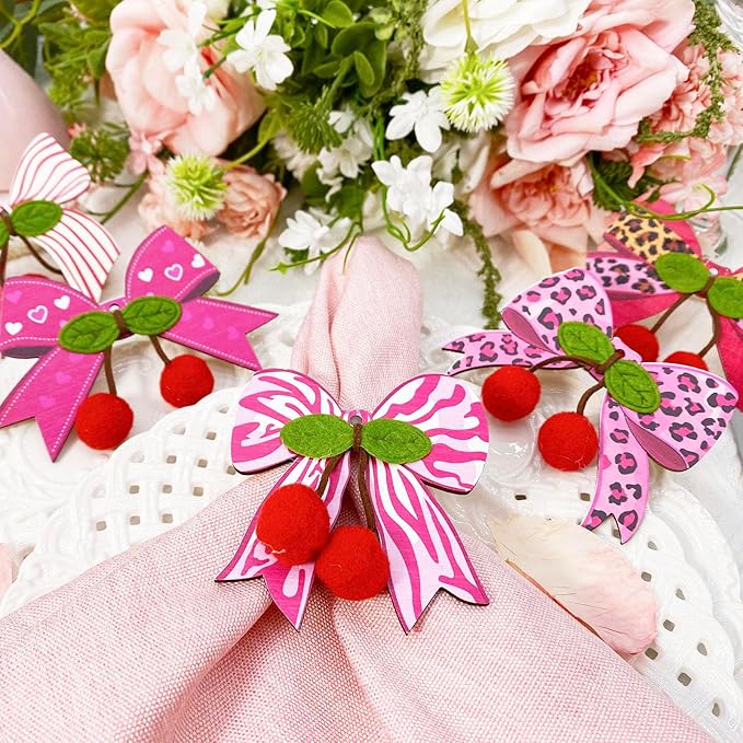 10 PCS Valentine's Day Napkin Rings Wood Pink Bow Napkin Rings Wedding Napkin Ring Holders Romantic Table Decor for Valentine's Day Anniversary Dinner Party