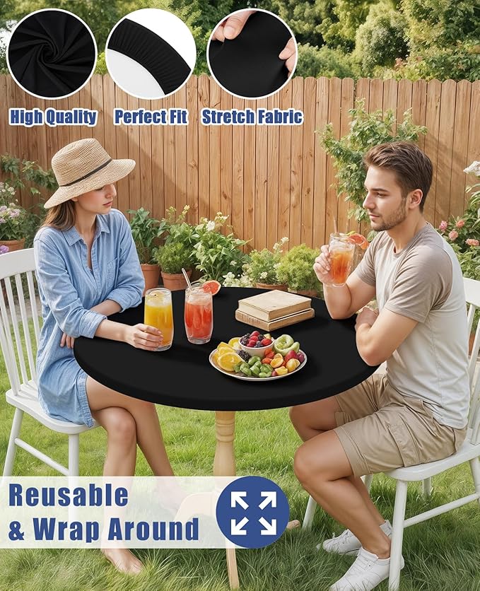 Round Spandex Tablecloth, Elastic Fitted Waterproof Tablecloths for 45"-56" Tables, Stretch Washable Picnic Table Cover for Camping, Dining, Indoor and Outdoor, Black