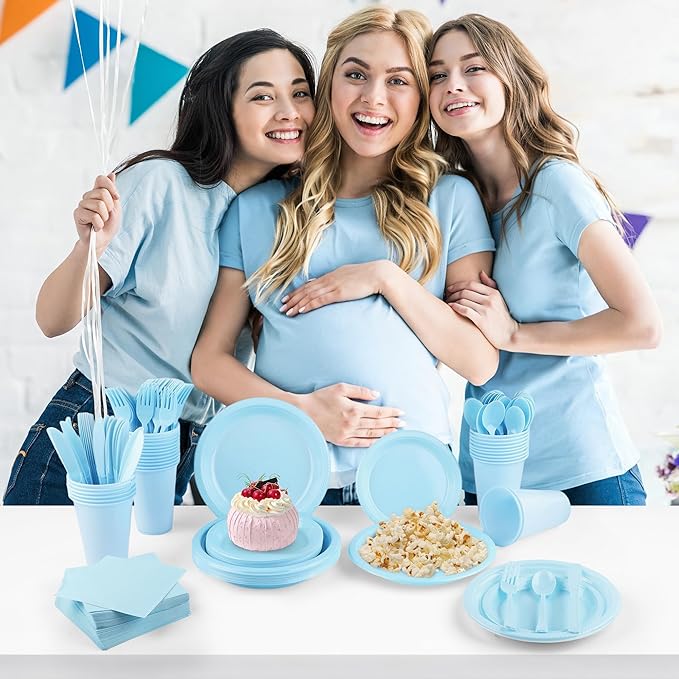 Kochorie 480 Pieces Light Blue Plastic Dinnerware Set Disposable Heavy Duty Plates Napkins Cups Silverware Dessert Dinner Plates for Birthday Wedding Baby Shower Party Supplies, Serves 60 Guests