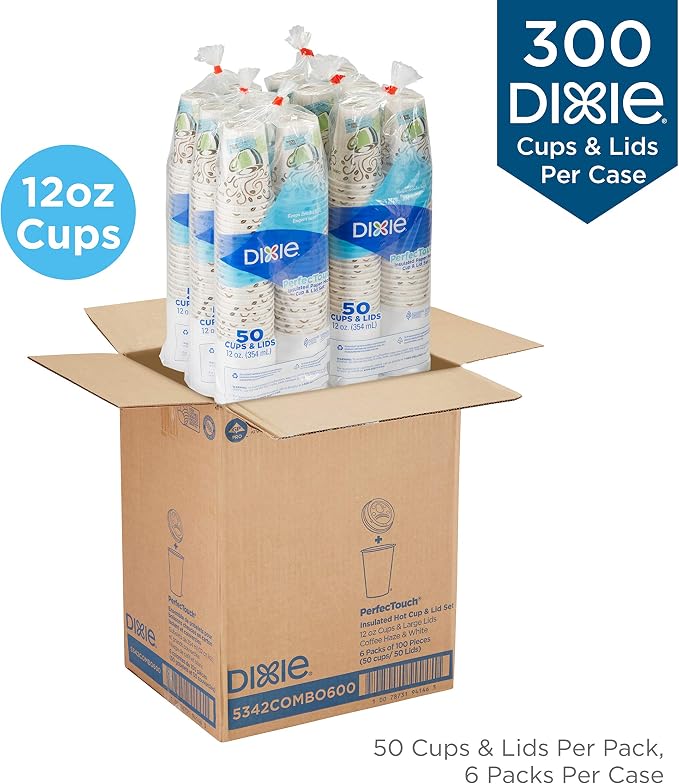 Dixie PerfecTouch 12 oz Paper Coffee Cup and Lids By GP PRO, Coffee Haze Design - Image 2