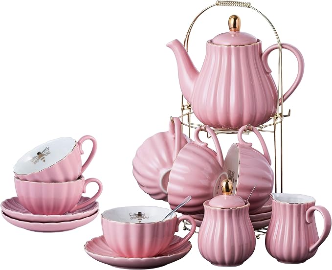 Jusalpha Porcelain Tea Set- 8 OZ Coffee/Teacup, Cup Holder, Serve of 6- by Jusalpha