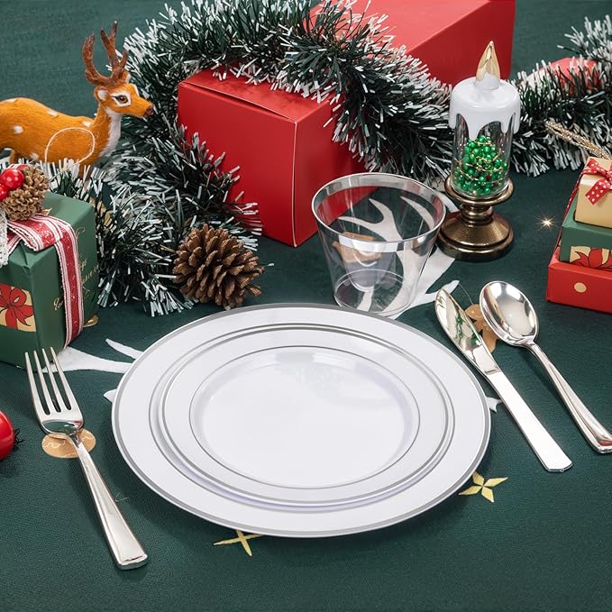 bUCLA 600pcs Silver Plastic Dinnerware Set for 100 Guests - Silver Christmas Dinnerware Set Disposable for Party - Include 100 Dinner Plates,100 Dessert Plates,100Cups,100 Knives,100 Forks,100 Spoons