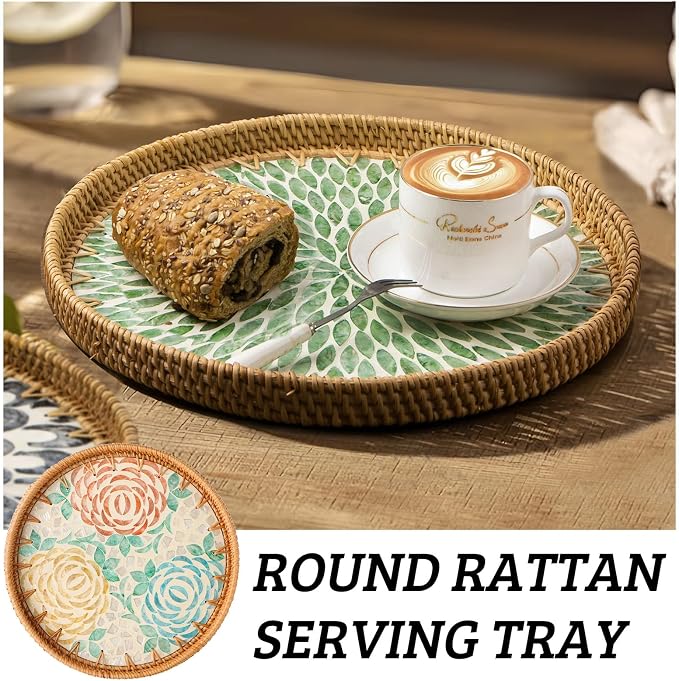 Round Rattan Tray with Mother of Pearl Inlay, Wooden Base | Coffee Table - Image 5