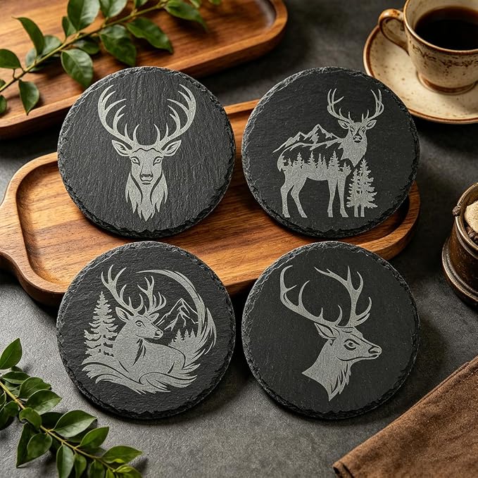 4Pcs Slate Coasters with Deer Pattern, Round 3.94 inch Cup Mats - Image 4