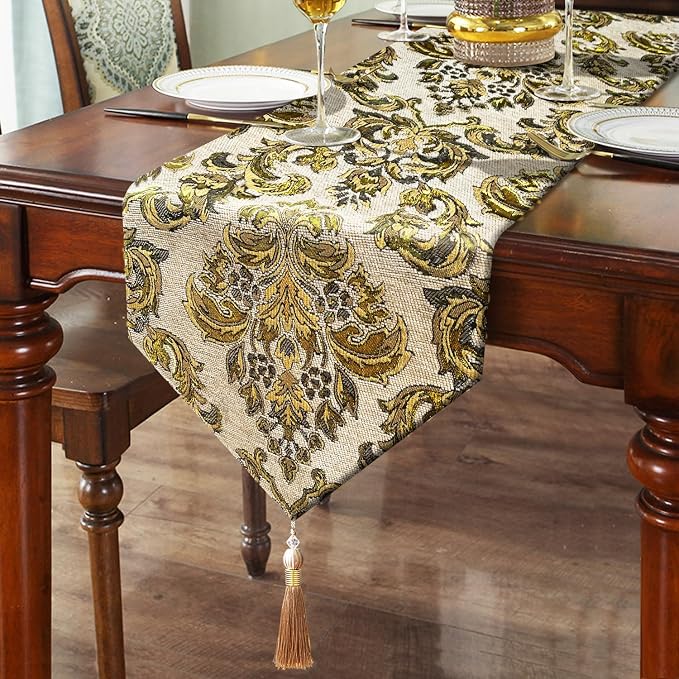 Vintage Table Runner European Jacquard Luxury Thick Chenille Beige 13x98 | by HeMiaor