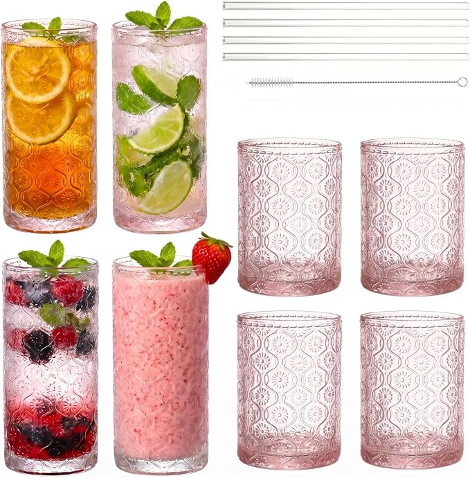 Pink Drinking Glasses Set of 8, 12 Oz Highball & 10 Oz Cocktail Glasses by FERAHI