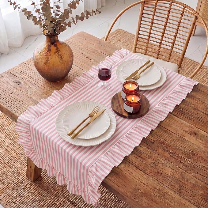 HunnmingRe Ruffle Trim Boho Table Runner Farmhouse Rustic Stripes Scalloped - Image 7