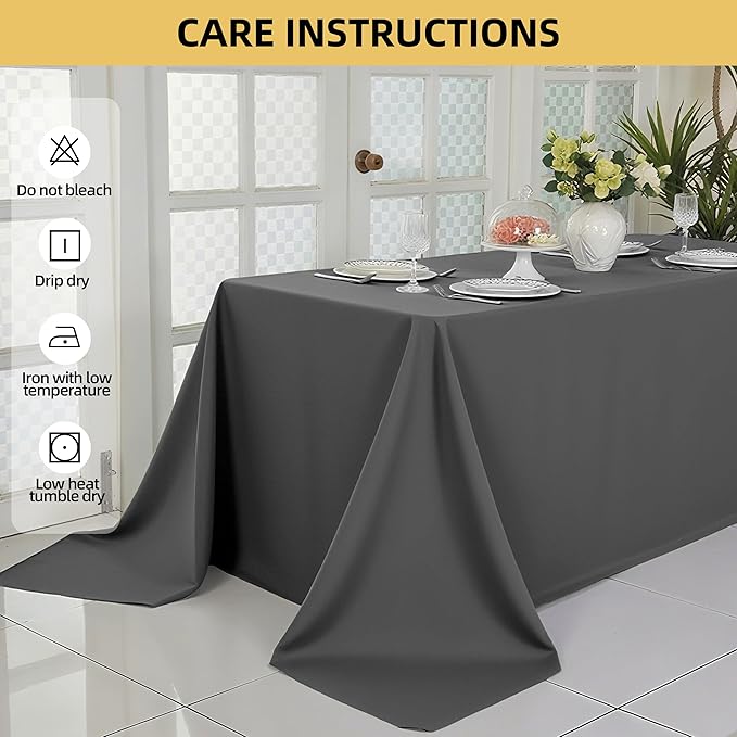 2-Pack 90x132 inch Grey Table Cloths, Solid Stain and Wrinkle Resistant Oblong Tablecloth, Premium Plain Weave Polyester Fabric Rectangle Table Linen Covers for Hotel, Wedding