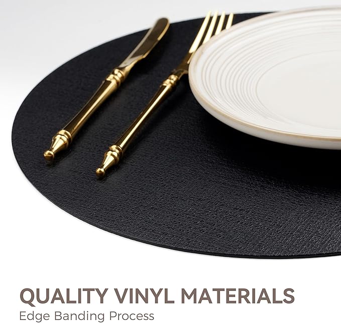 13" Round Placemats Set of 6, Reversible Faux Leather Heat Resistant Table Mats, 100% Waterproof Oilproof Wipeable Table Protective Placemats for Vinyl, Washable for Indoor (6, Black)