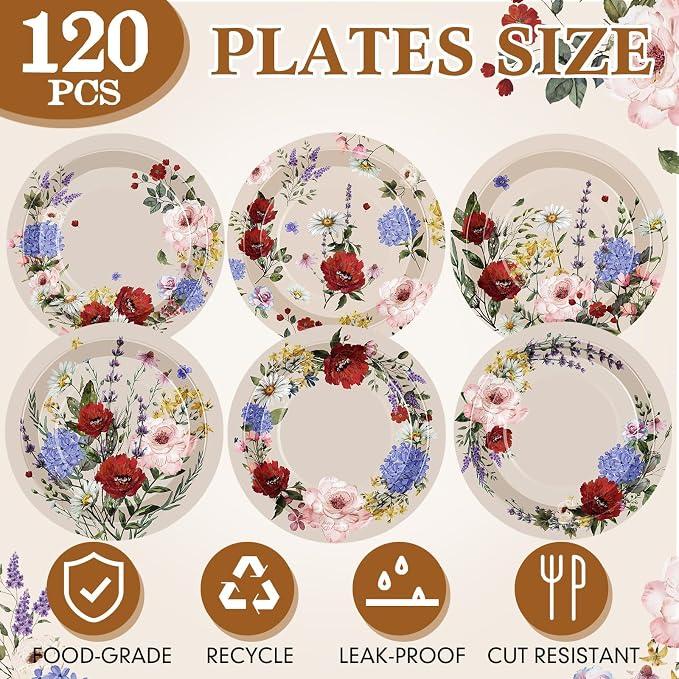 120 Pcs 7 Inch Spring Floral Paper Disposable Plates Wildflowers Party - Image 2