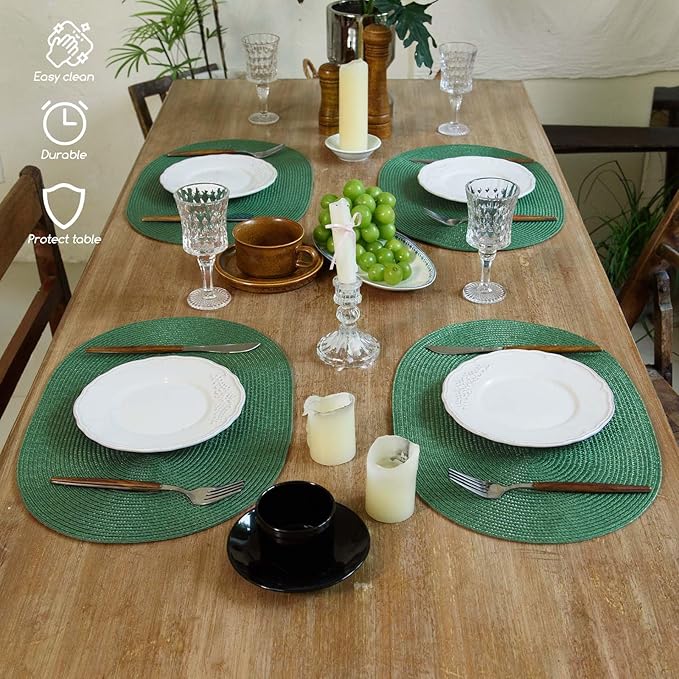 FunWheat Oval Braided Placemats Set of 4 Table Mats for Dining Tables Washable Heat Resistant Place Mats for Indoor Outdoor Use 12 x18 Inch(Oval Black Green, 4pcs)
