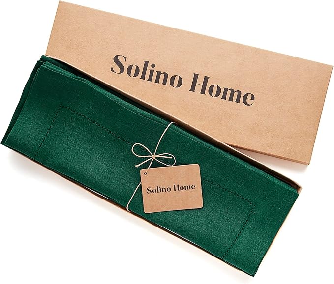 Solino Home Linen Placemats Set of 4 - Classic Hemstitch Rainforest Green Placemats 14 x 19 Inch - 100% Pure Linen Table Mats for Winter, St Patricks Day