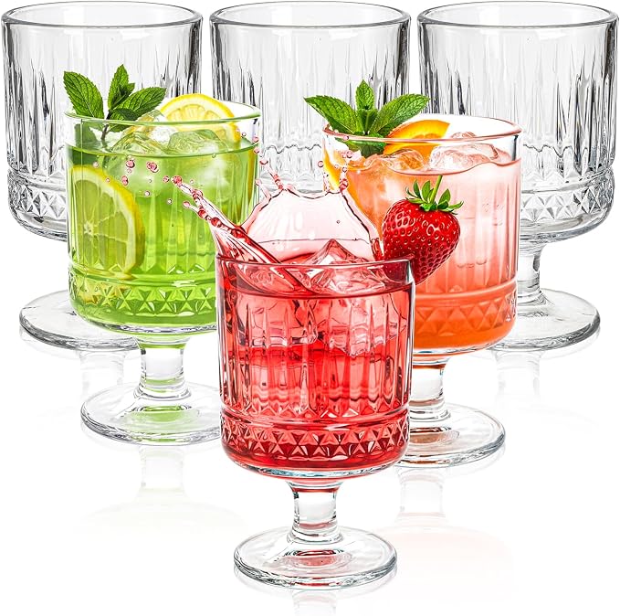6 Pack Vintage Glass Goblets, 7.5 OZ Small Clear Wine Glasses, Retro Embossed by ELFULLY