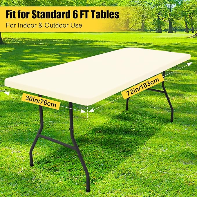 Smiry Rectangle Picnic Table Cloth, Waterproof Elastic Fitted Tablecloths for 6 Foot Tables, Washable Polyester Table Cover for Camping, Indoor and Outdoor (Beige, 30"x72")