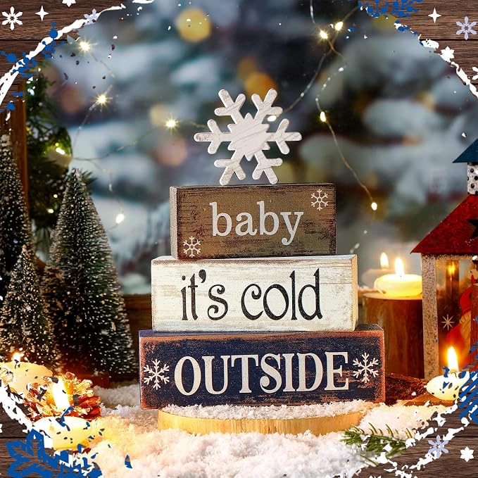 Moucuny 4 Pcs Christmas Table Decoration Winter Wooden Stacked Block, Baby It's - Image 6