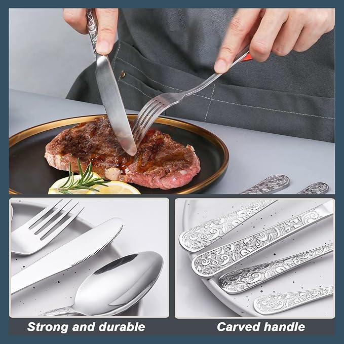 Runfly Vintage Carved Silver Stainless Steel 20-Piece Flatware Set | Silverware - Image 5