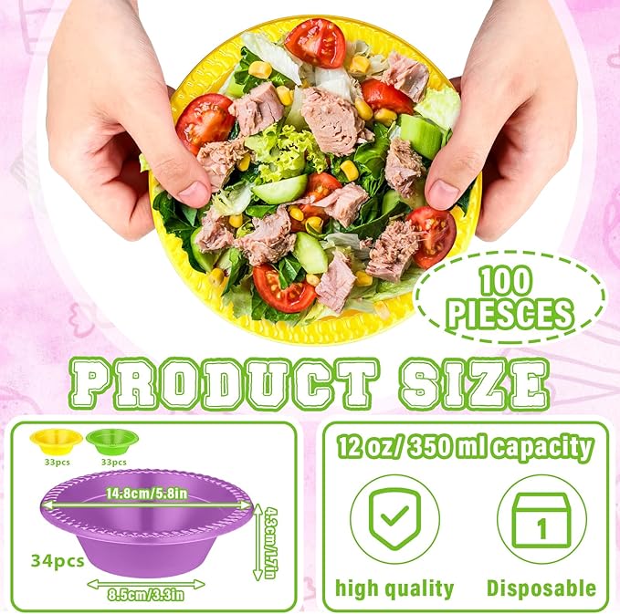 Layhit 100 Pcs Mardi Gras Plastic Bowls 12 oz Disposable Plastic Dessert Serving Party Supplies Salad Candy Snack Bowls for Holiday Wedding Party Picnic