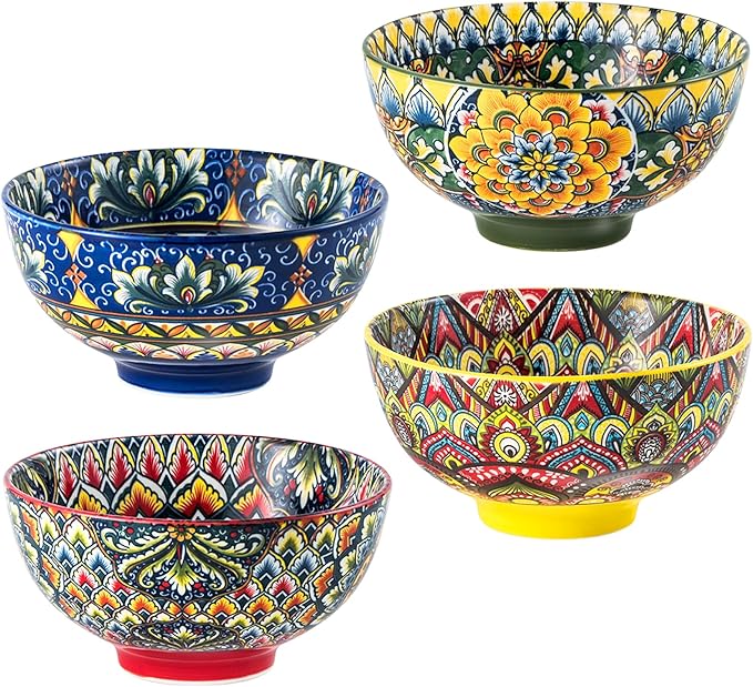 Henten Home Ceramic Soup Bowls Set of 4, Bohemia 22 oz Cereal Bowls Set, Porcelain Serving Bowls for Dinner, Salad, Pasta, Fruit, Decorative, Microwave & Dishwasher Safe