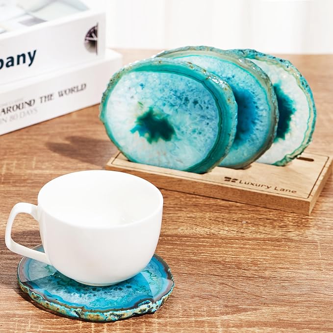 Luxury Lane Set of 4 Large Natural Brazilian Agate Slice Geode Rock Stone Drink Coasters with Wood Holder 4.3-4.7 inch Centerpiece Table Decoration, Teal