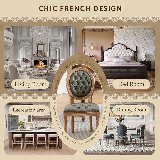 SoarFlash French Dining Chairs Set of 4, Vantage Dining Chair with Round Back, Farmhouse Country PU Leather Dining Chair for Kitchen,Bedroom,Green