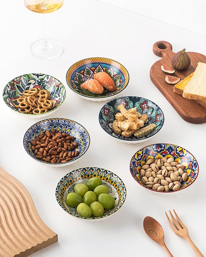 10 OZ Small Snack Bowls/Dishes Set of 6 - Ceramic Colorful Bowls for Side Dishes, Ice Cream, Dessert, Appetizers, Dips and Sauces, Dishwasher & Microwave Safe - Bohemian Style
