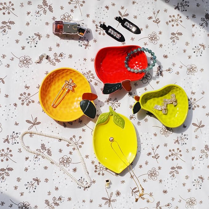 Ceramic Jewelry Tray, Lemon Shaped Trinket Dish, Jewelry Organizer, Ring Holder, Decorative Bowl for Rings Earrings Necklaces Bracelet Jewelry Watch Keys, Gift for Sisters Daughter (Lemon)