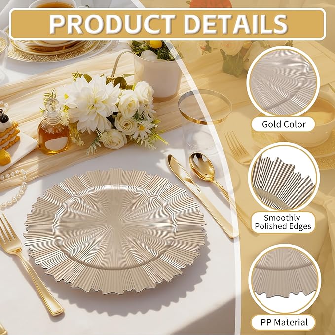 PROY 100 Pcs 13 Inch Gold Charger Plates Bulk, Elegant Fluted Edge Plastic Charger Plates Reusable Table Chargers, Round Gold Chargers Dinner Plate Wedding Decoration