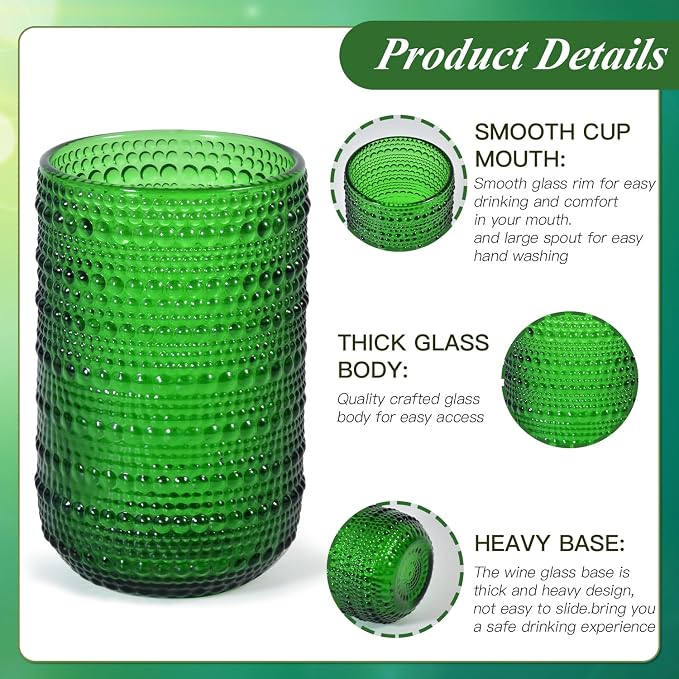 CHLJAR Christmas Green Vintage Wine Drinking Glasses Set of 6, 14 oz hobnail - Image 4