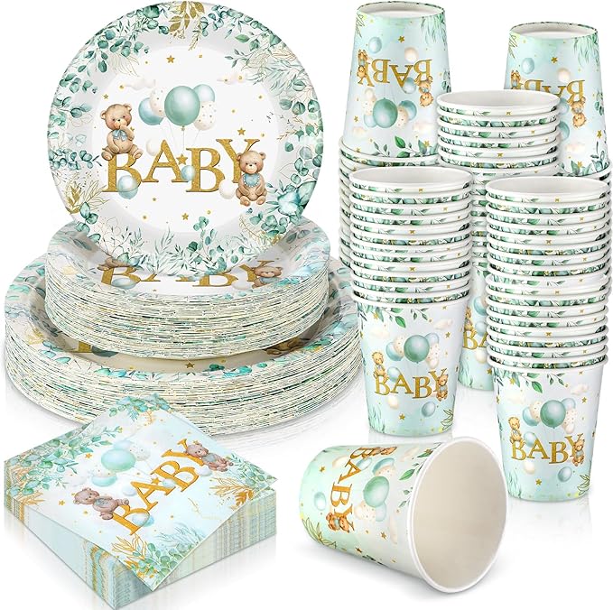 200 Pieces Party Supplies Tableware Set Patterns Printed Plates Napkins Cups Table Decorations for Baby Shower Birthday Party (Bear)