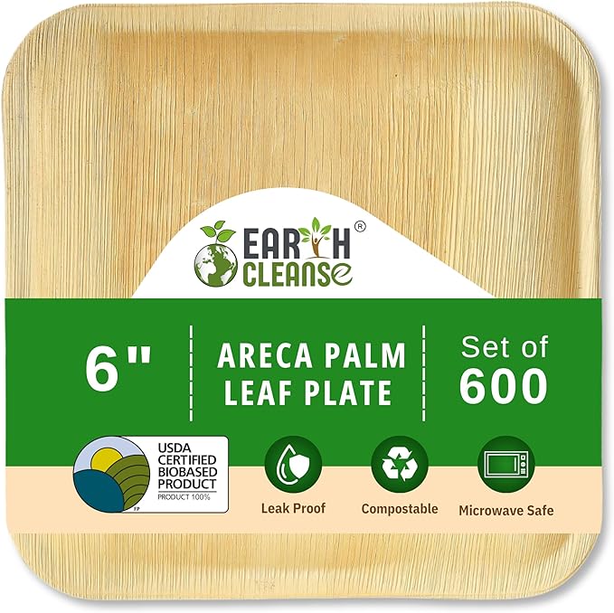 Compostable Palm Leaf Plates 6 Inch Square (200 Pack) | Disposable Biodegradable Plates Like Bamboo & Wooden | Microwave & Oven Safe | Eco-Friendly