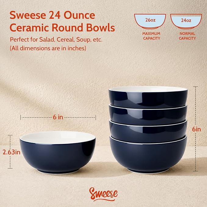 Sweese 24 oz Ceramic Cereal Bowl Set of 4, Round Serving Bowl - Image 2