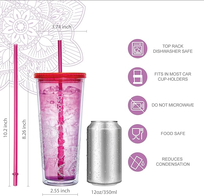 bzyoo 24oz Plastic Tumbler Cup, Lid & Straw, Iced Coffee, Mandala Pink - Image 6