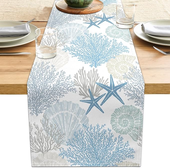 Linen Coastal Table Runner 13x71 Inch Blue Teal Summer Beach Nautical Table by LXXTK