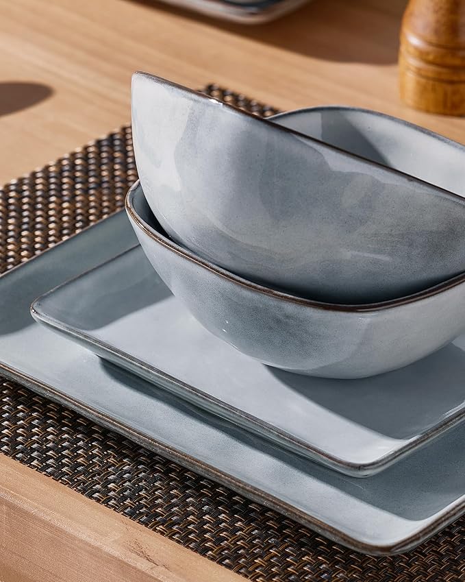 Famiware Ocean Square Plates and Bowls Set, 18 Pieces Dinnerware Sets, Dishes Set for 6, Reactive Glaze, Microwave and Dishwasher Safe, Scratch Resistant, Grey