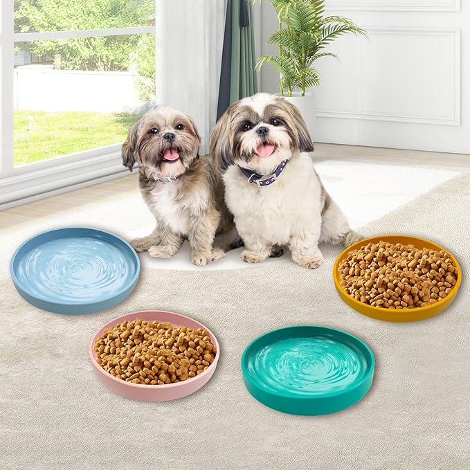 Silicone Dog Bowl Shallow Cat Food Bowls 7" Wide Puppy Plates Whisker Fatigue Pet Feeding Dishes Set of 2 for Dry Food and Wet Food Indoor (Round Pink)