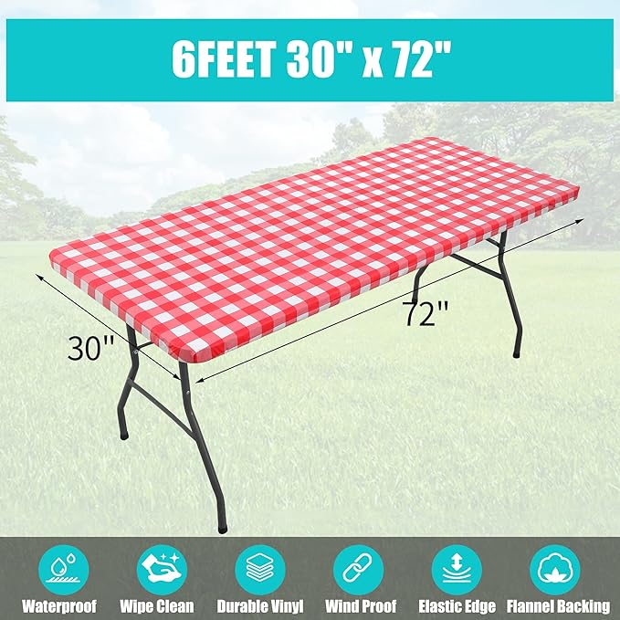 Smiry Rectangle Picnic Table Cloth, Elastic Waterproof Fitted Vinyl Tablecloths, Flannel Backed Buffalo Plaid Table Covers for Dining, Camping, Outdoor (White and Red, 30" x 72")