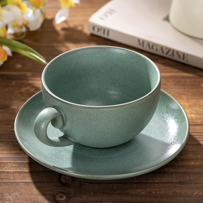 Cup and Saucer Set Turquoise Ceramic Cappuccino Mug Set of 1-10 oz Microwave - Image 6