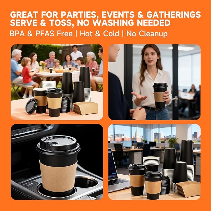 50 Pack 12 oz Disposable Coffee Cups with Lids and Sleeves, Sturdy Paper Cups for Hot/Cold Drinks, Leak-Proof To Go Coffee Cups with Lids for Home, Café, Events, Office, Black