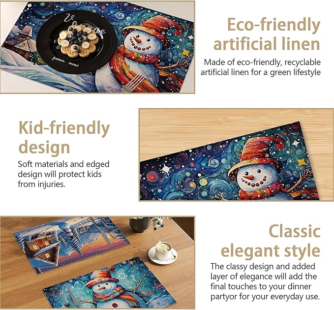 Winter Christmas Placemats, Red Snowman Plastic Placemats 12x18 Inch Waterproof Non-Slip Washable Table Mats for Kitchen Dining Party Table Decor,Set of 6
