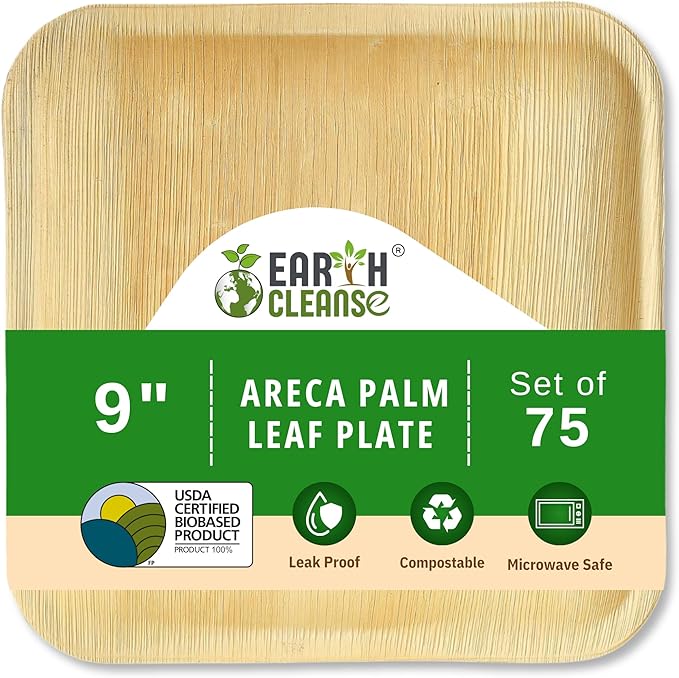 Compostable Palm Leaf Plates 9 Inch Square (75 Pack) | Disposable Biodegradable Plates Like Bamboo & Wooden | Microwave & Oven Safe | Eco-Friendly