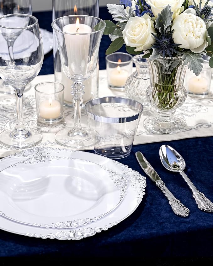 100 Pcs White Silver 7.5" Dessert Plates | 7.5" Disposable Dessert Plates - Image 3
