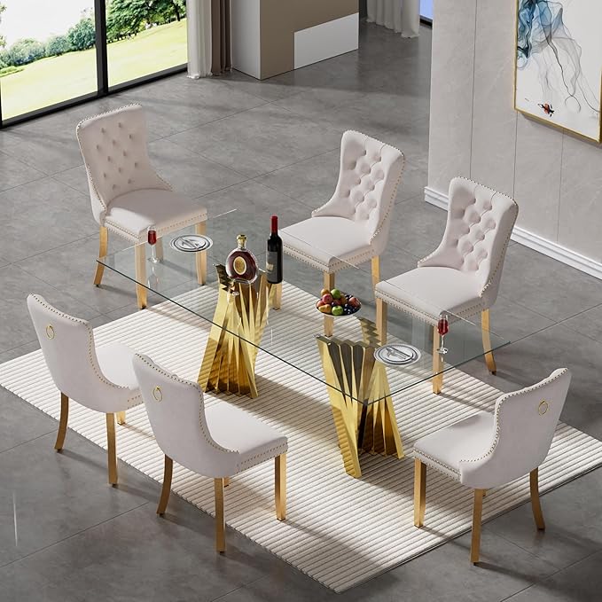 7 Piece Glass Dining Table Set,70" Dinner Room Glass Table Set for 6,Modern Kitchen Dinner Table Set with Stainless Steel Base and 6 Upholstered Velvet Dining Chairs for Living Dining Room