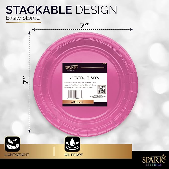 Disposable Paper Plates Bright Pink, 7 Inch Paper Dessert Plates, Strong and Sturdy Disposable Plate for Party, Dinner, Holiday, Picnic, or Travel Party Plate, Pack of 50
