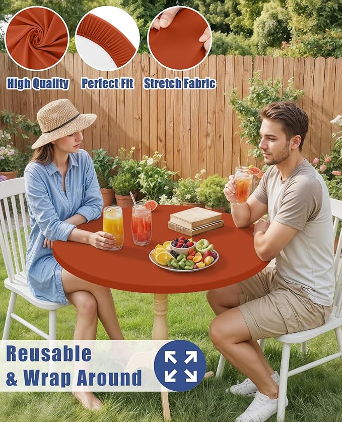 Round Spandex Tablecloth, Elastic Fitted Waterproof Tablecloths for 25"-30" Tables, Stretch Washable Picnic Table Cover for Camping, Dining, Indoor and Outdoor, Rust