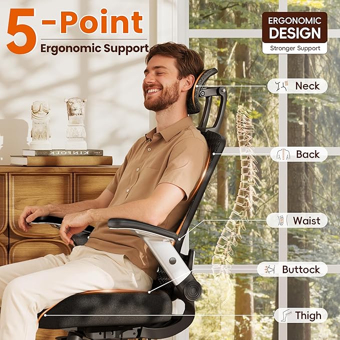GABRYLLY Ergonomic Office Chair, High Back Home Desk Chair with Flip-Up Arms, 3D Headrest, Thick Sponge Sea &90-120° Recline, Big and Tall Mesh Executive Chairs for Man Woman, Midnight-Cloud