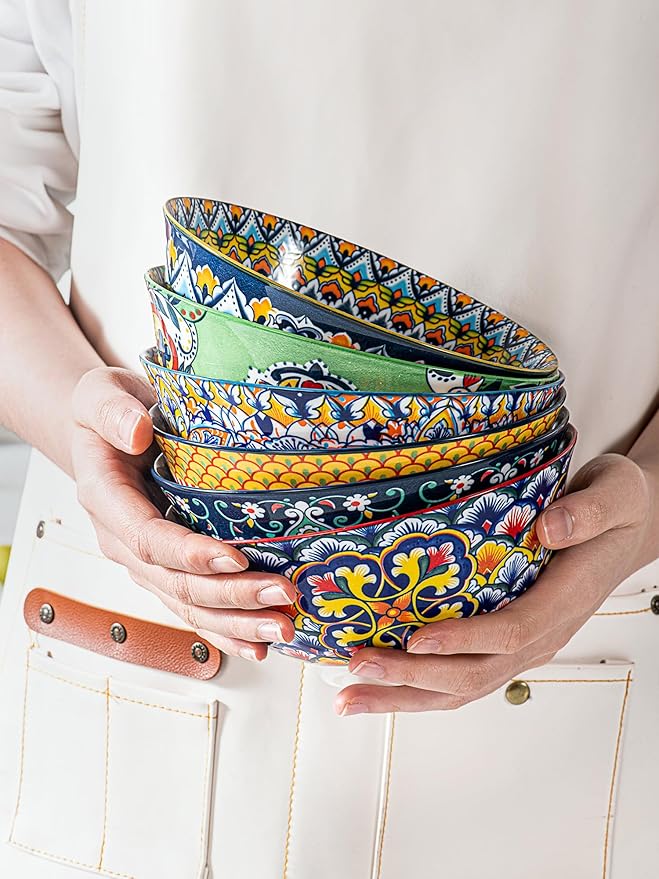 HENXFEN LEAD Boho Cereal and Soup Bowls Set of 6 – 24 oz Colorful Ceramic Bowl for Kitchen, Perfect for Oatmeal, Pasta, Salad, Dessert, Fruit – Microwave & Dishwasher Safe