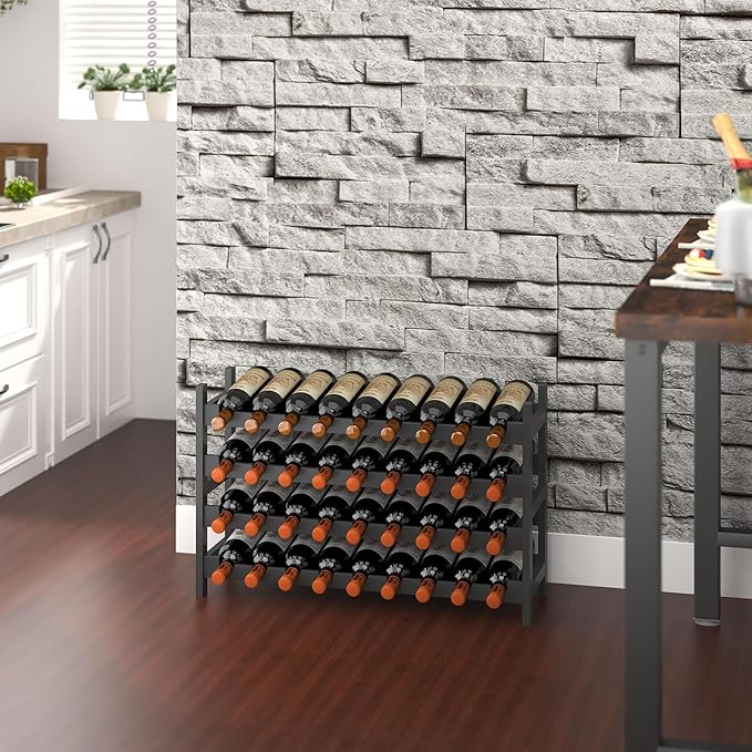 Wine Rack Freestanding Floor, Bamboo 4-Tier 33 Wine Bottle Holder Racks Countertop Cabinet Display, Wooden Stackable Modular Wine Storage Organizer Shelves for Kitchen Bar Cellar Dining Room Black