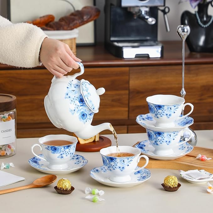 6oz Porcelain Tea Cup and Saucer Set of 6, Classic Blue Floral | Classic blue - Image 5