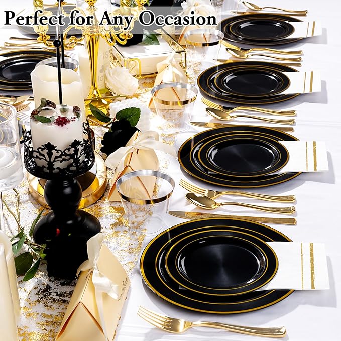 GATHER 700PCS Black Plastic Plates - Gold Disposable Plastic Dinnerware Set Include 200 6.3inch/9inch Black Plates, 300 Silverware, 100 Napkins, 100 Cups for Party & Wedding & Birthday