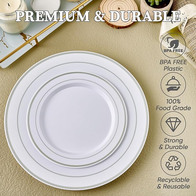 FOCUSLINE Silver Plastic Plates Set of 60, Disposable Plates with Silver Rim 30 Dinner Plates 10" and 30 Salad Dessert Appetizer Plate 7", Elegant Fancy Heavy Duty Wedding Party Plates